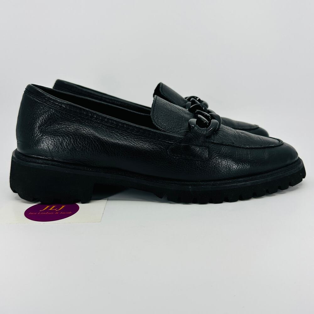 ARA Shoes Women's Kiana Black Pebbled Leather Chain Lug Sole Loafers Size 7.5